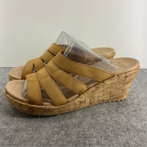 CROCS Tan Leather Like New Strappy Cork Wedges Women’s Size 9 - Picture 2 of 13
